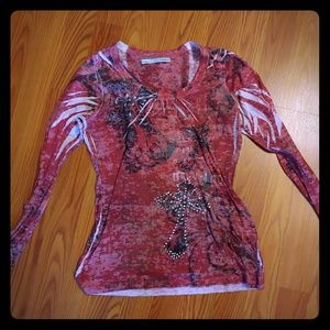 Marroon Rhinestone Cross Shirt Size Medium